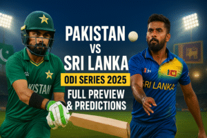 Pakistan and Sri Lanka cricket players in action during an intense match, with stadium lights and cheering fans in the background.